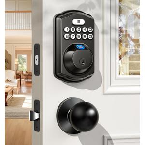 Veise Fingerprint Door Lock with 2 Knobs - Keyless Entry Door Lock with Handle, Electronic Keypad Deadbolt, Smart Front Handle Set, Auto-Locking, Waterproof, Easy Installation, Matte Black