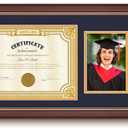 11x22 Cherry Finish Solid Wood Diploma Frame  Holds 8.5x11 Certificate with Tassel and Photo Holder, Blue with Gold Mat, Graduation Gift for Him or Her