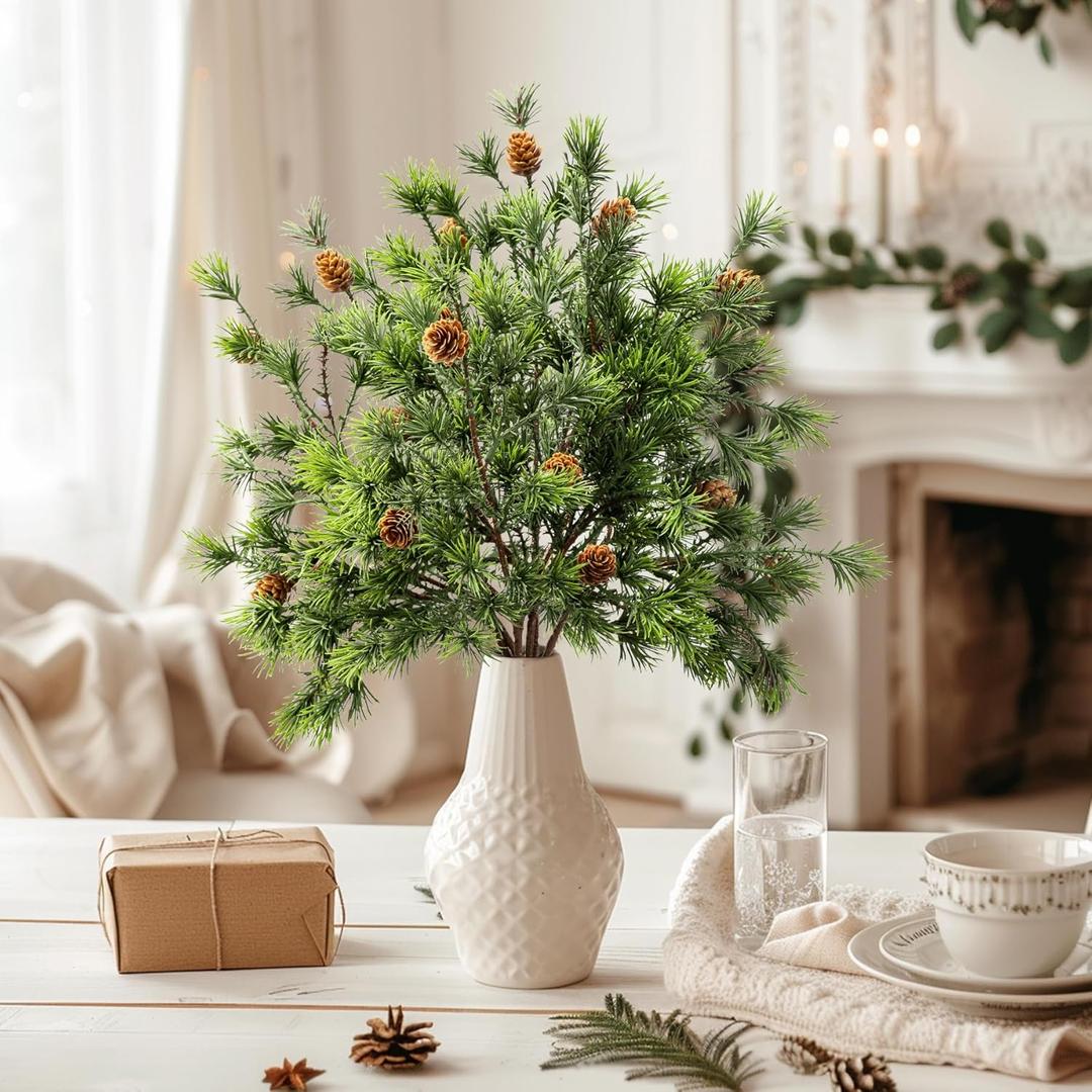 16.1'Artificial Christmas Norfolk Pine Branches Pinecone Garland Stems Tree Greenery Decor Faux Cedar Picks Home Decoration Real Touch Evergreen Realistic Plant Leaves for Winter Holiday Indoor (6PCS)