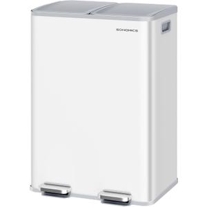 SONGMICS Trash Can, 2 x 8 Gallon (2 x 30 L) Dual-Compartment Garbage Can with Soft-Close Lid, Pedal and Inner Buckets, Stainless Steel, Includes 15 Liner Bags, Matte White ULTB741W01