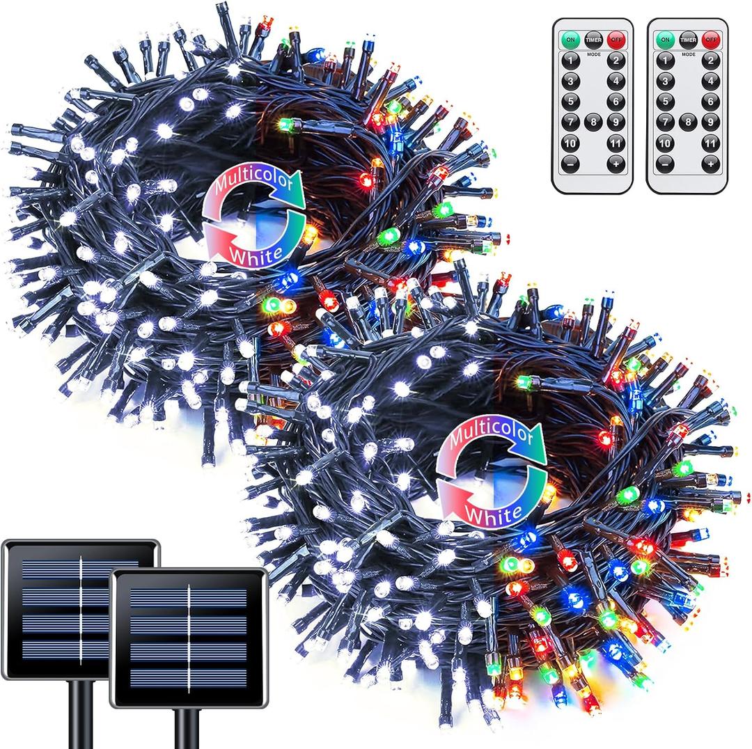 JMEXSUSS 2 Pack Solar String Lights Outdoor Waterproof, Total 66 FT 200 LED Solar Christmas Lights Outdoor, Twinkle Light for Christmas Tree Outside Garden Yard Xmas Decor, White to Multicolor