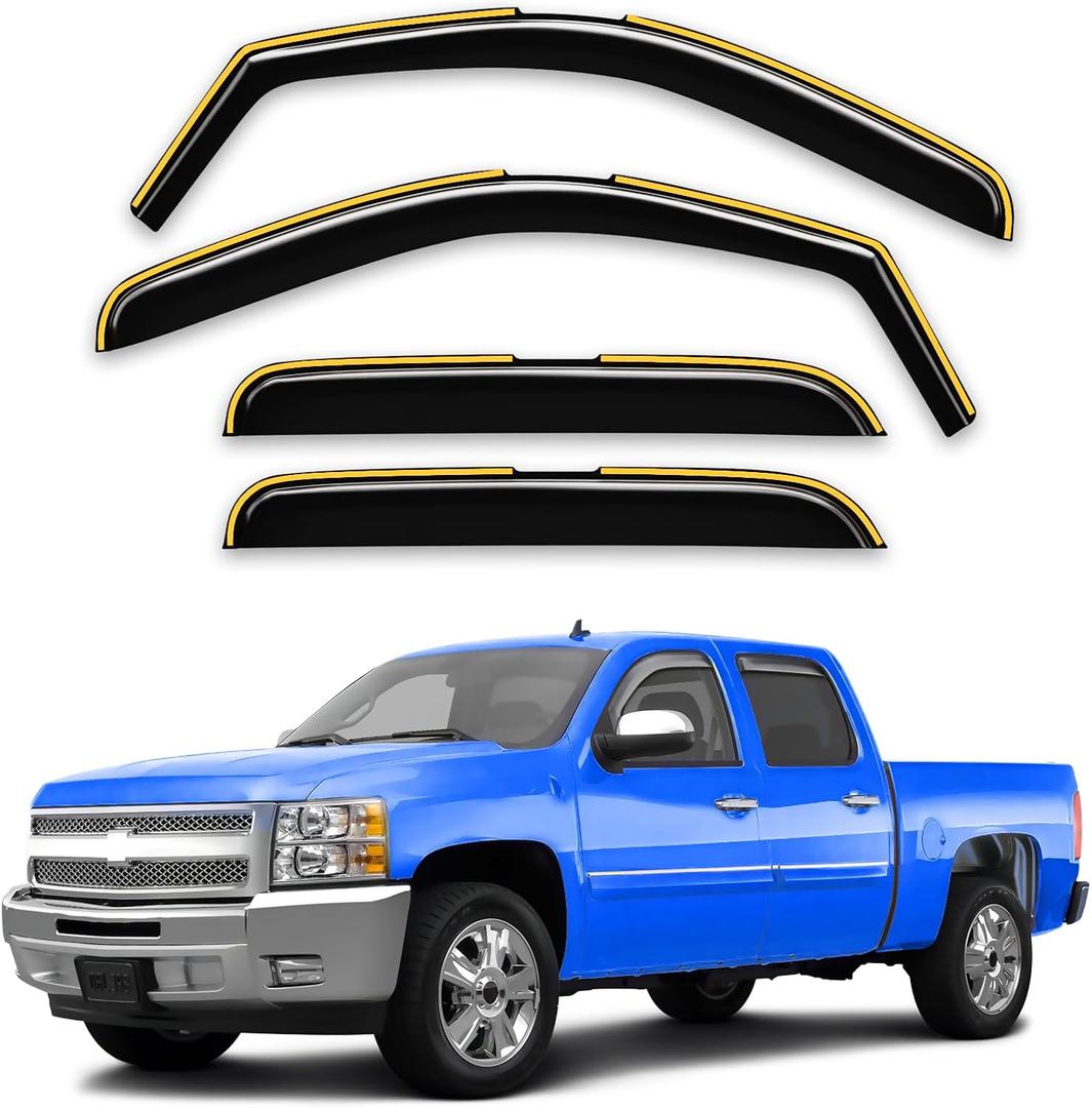 in-Channel Window Rain Guards Fit for 2007-2013 Chevy Silverado/GMC Sierra Crew Cab Trucks, Extra Durable Visors Vent Visors Window Deflector Vent Shades Car Accessories-4ps