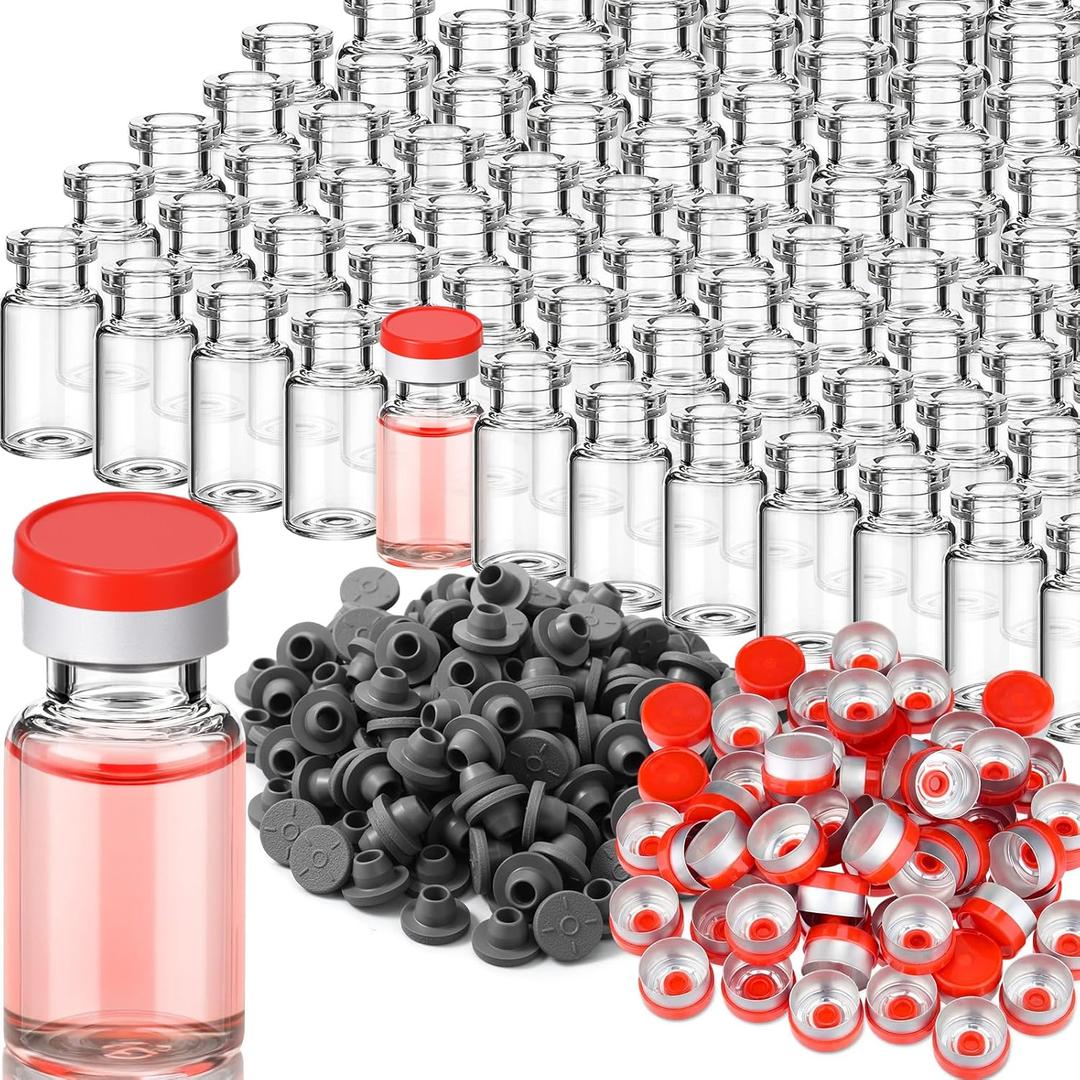200 Pack 2ml Glass Vials Clear Glass Empty Vials for Injection with Plastic-aluminum Flip Caps and Rubber Injection Stoppers Flat Bottom Lab Vial (Red Lid)