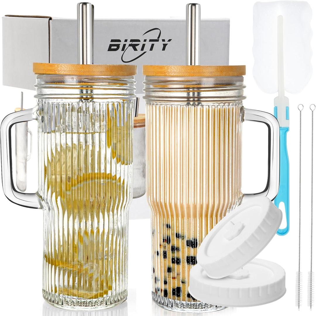 Birity 24oz Ribbed Glass Cup with Lids and Straws,2Pack Glass Tumbler with Handle,Reusable lced Coffee Cups with lids-Glass Cups with Lids,Mason Jar Cup for Smoothie,Coffee,Juice,Water,Tea,Travel Mug