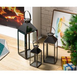 MATICO Stainless Decorative Pinnacle Candle Lantern Set of 3, Hanging Decor Hurricane Lantern Candle Holder for Festival Ceremony Home Decor, Both Indoor & Outdoor Use, Black