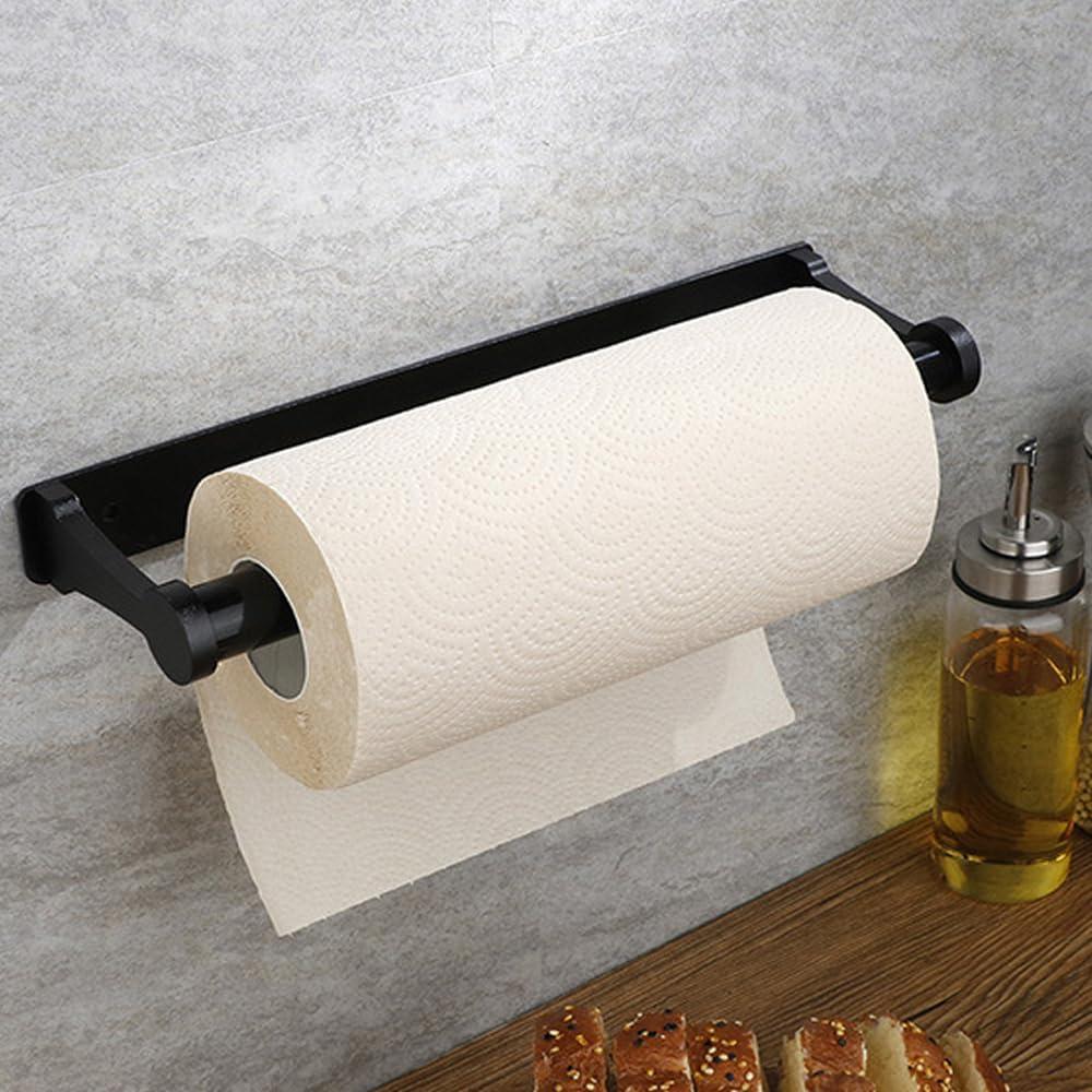 Paper Towel Holder - Self-Adhesive or Drilling, Black, Wall Mounted, Kitchen Roll Dispenser Under Cabinet or Inside Cabinet (12in)