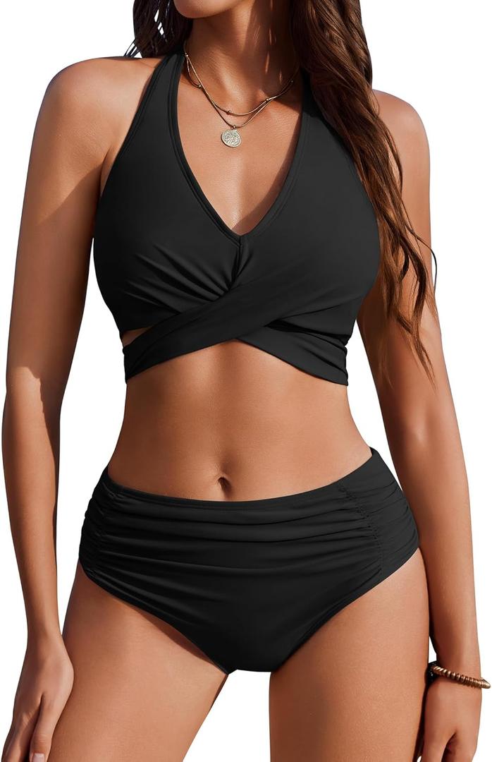 AI'MAGE Womens High Waisted Bikini Sets Tummy Control Bathing Suits Halter Two Piece Swimsuit Modest Bikini 2025 Black XXL