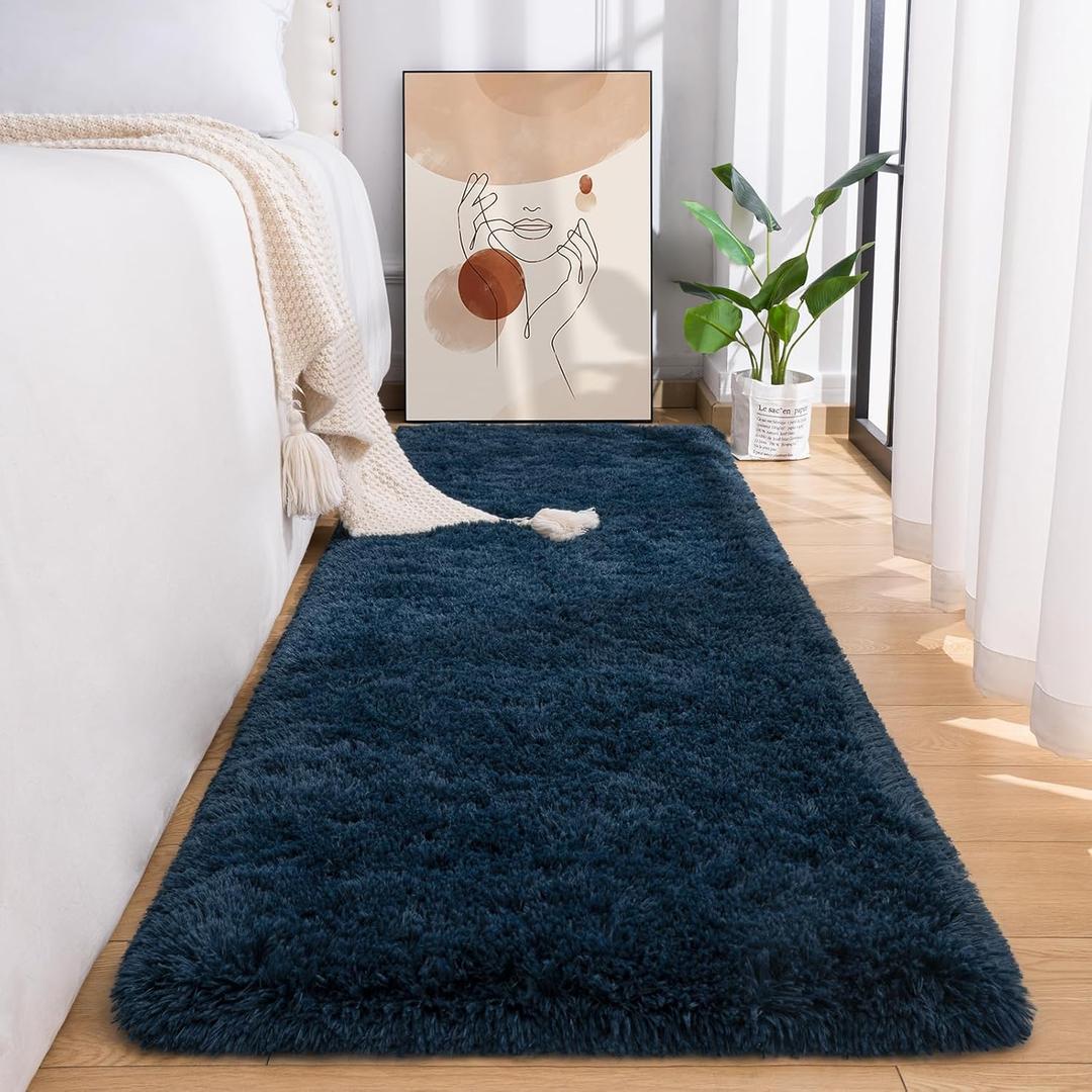 Przemy Fluffy Runner Rug for Bedroom Living Room, 2x6 Feet Navy Blue Shag Area Rugs, Soft Fuzzy Carpet for Bedside Nursery Kids Room College Dorm, Plush Throw Rug for Home Decor