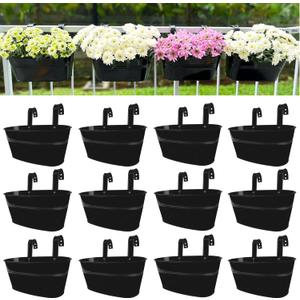 LaLaGreen Rail Planter Outdoor Plants(11.8 Inch, 12 Pack) Black Metal Iron Hanging Flower Pots Deck Railings Fence Buckets Modern Countryside Boho Style Wall Mount Window Box Plant Holder Porch Decor