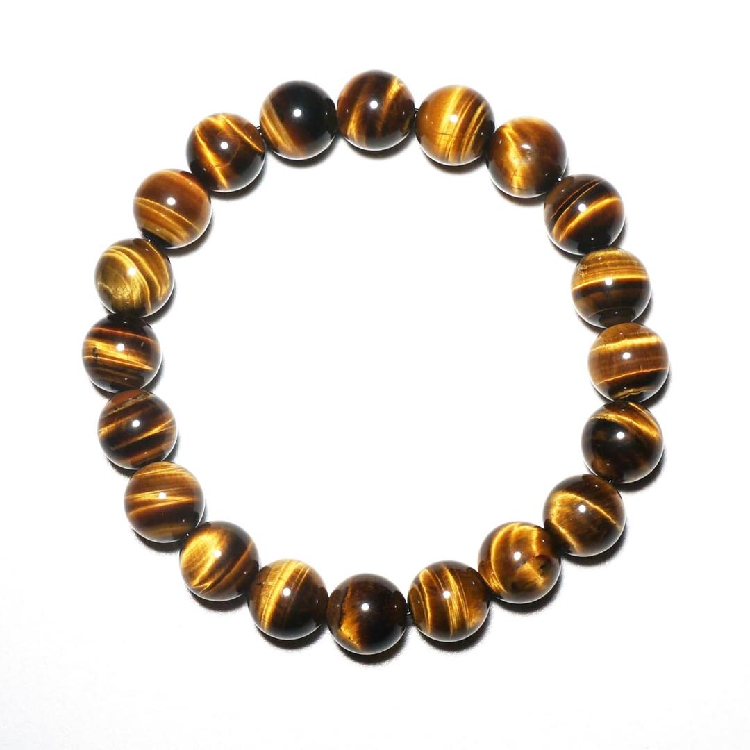10MM Gold Tigers Eye Mens Bracelet | Fits for About 7.5" Large & Strong Wrist | Throat Chakra Gems | Birthstone for June | Bring Inner Calm & Love & Fortune | Stones of Motivation & Willpower