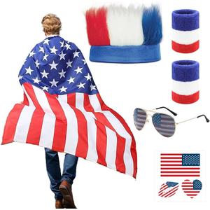 American Flag Cape Costume, 4th of July Outfits Set Patriotic Headband Glasses Sticker Wristbands Patriotic USA Party Accessory 4th of July Independence Day Accessories