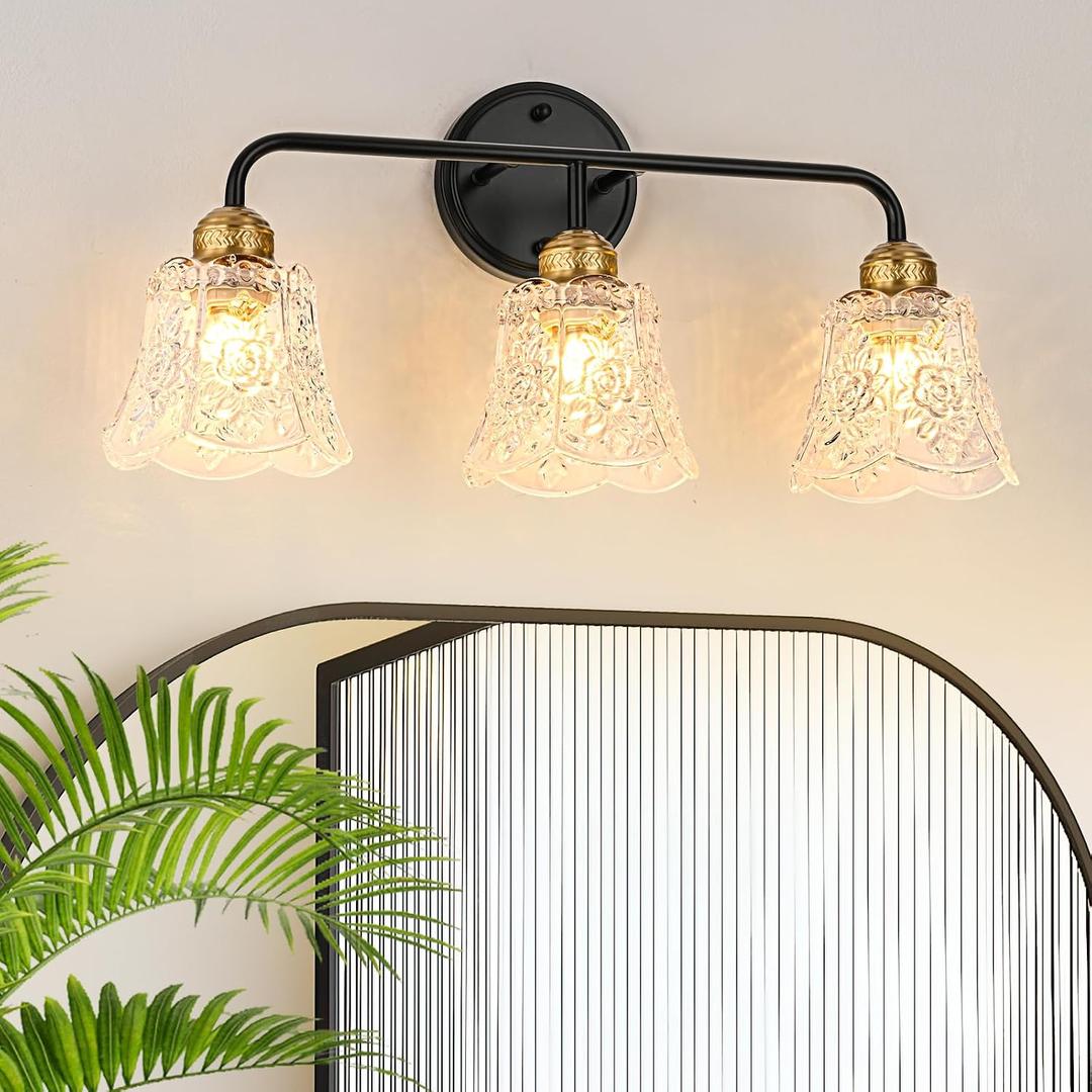 YUNICE 3 Light Bathroom Vanity Light Fixtures Brushed Black and Gold Wall Sconce with White Glass Shade E26 Base Vintage Mirror Lights for Bathroom, Bedroom Antique Brass Wall Lamp, 3 light Glass flower Shade