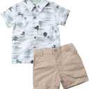 VISGOGO Toddler Baby Boy Flamingo Short Sleeve Button Down Shirt & Casual Shorts Set Summer Outfits 1-6 Years Clothes (3-4T, Coconut Tree)