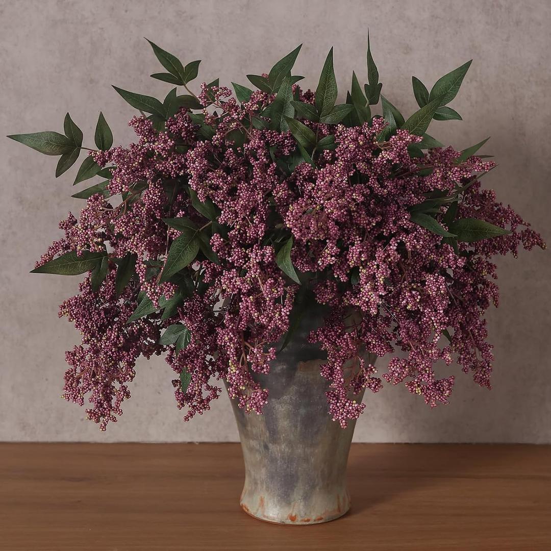 Juxdp 6 Pcs Artificial Nandina Berry Stem for Vase - 17" Realistic Faux Berry Spray, Fake Plant Branches with Stems for DIY Bouquet, Shower, Farmhouse, Mantel, Home Decor (Dusty Plum)