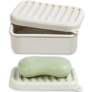 Portable Leakproof Travel Soap Case, Silicone Travel Soap Case, Compact Soap Holder with Drainage Layer, Travel Soap Holder for Camping, Gym, Outdoor (Rice-White)
