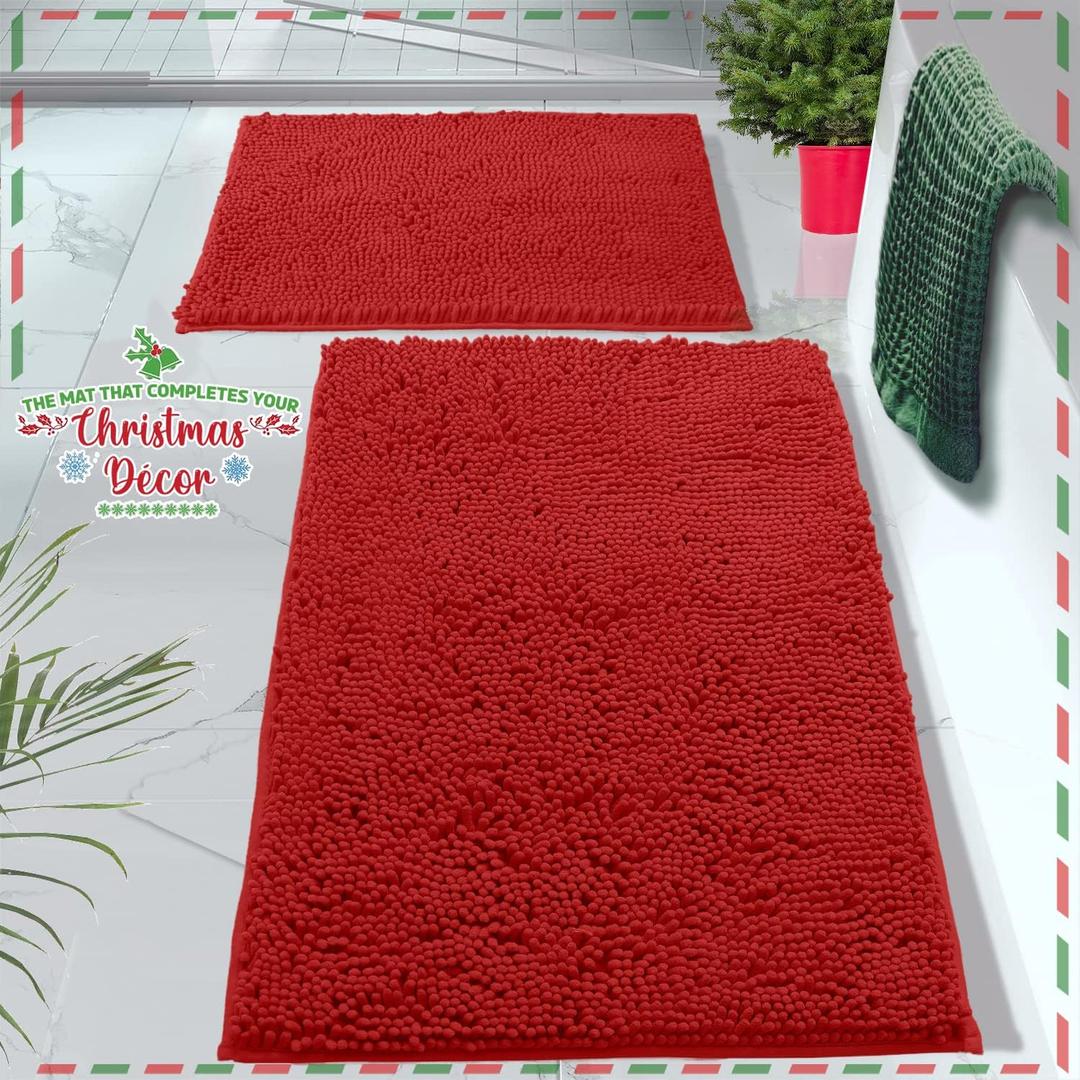 LUXURUX Red Bathroom Rugs Set-Extra-Soft Plush Bath mat Shower Bathroom Rugs,1'' Chenille Microfiber Material, Super Absorbent (Rectangular Set, Red)