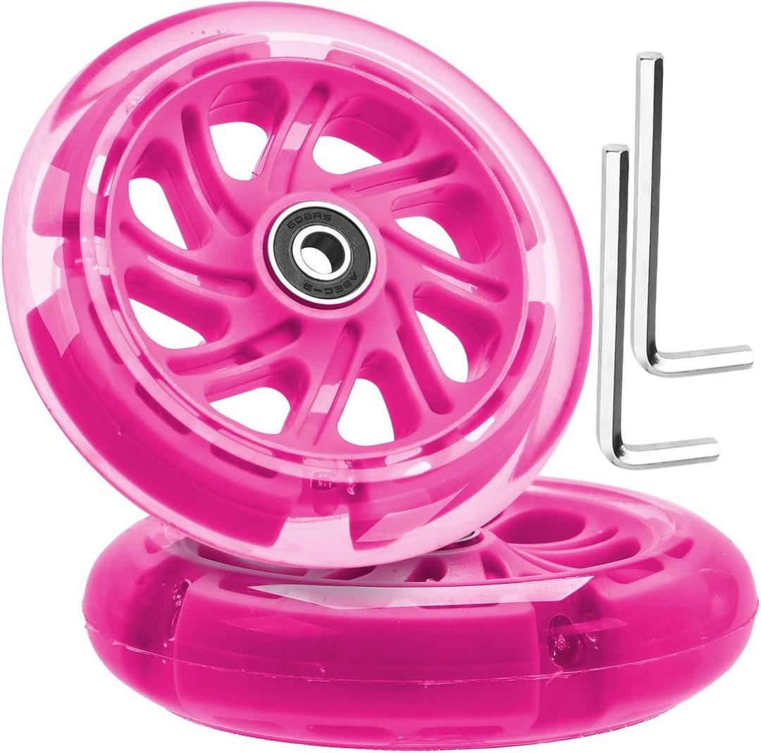 120mm x 28mm Light-up Kick Scooter Front Wheels 8mm OD Inline, LED Bearing Skateboard Silent Flash Wheel with Bearings ABEC-9 for Foldable Micro Mini 2-3-4 Wheel Kids Scooter Kickboard (Rose red)
