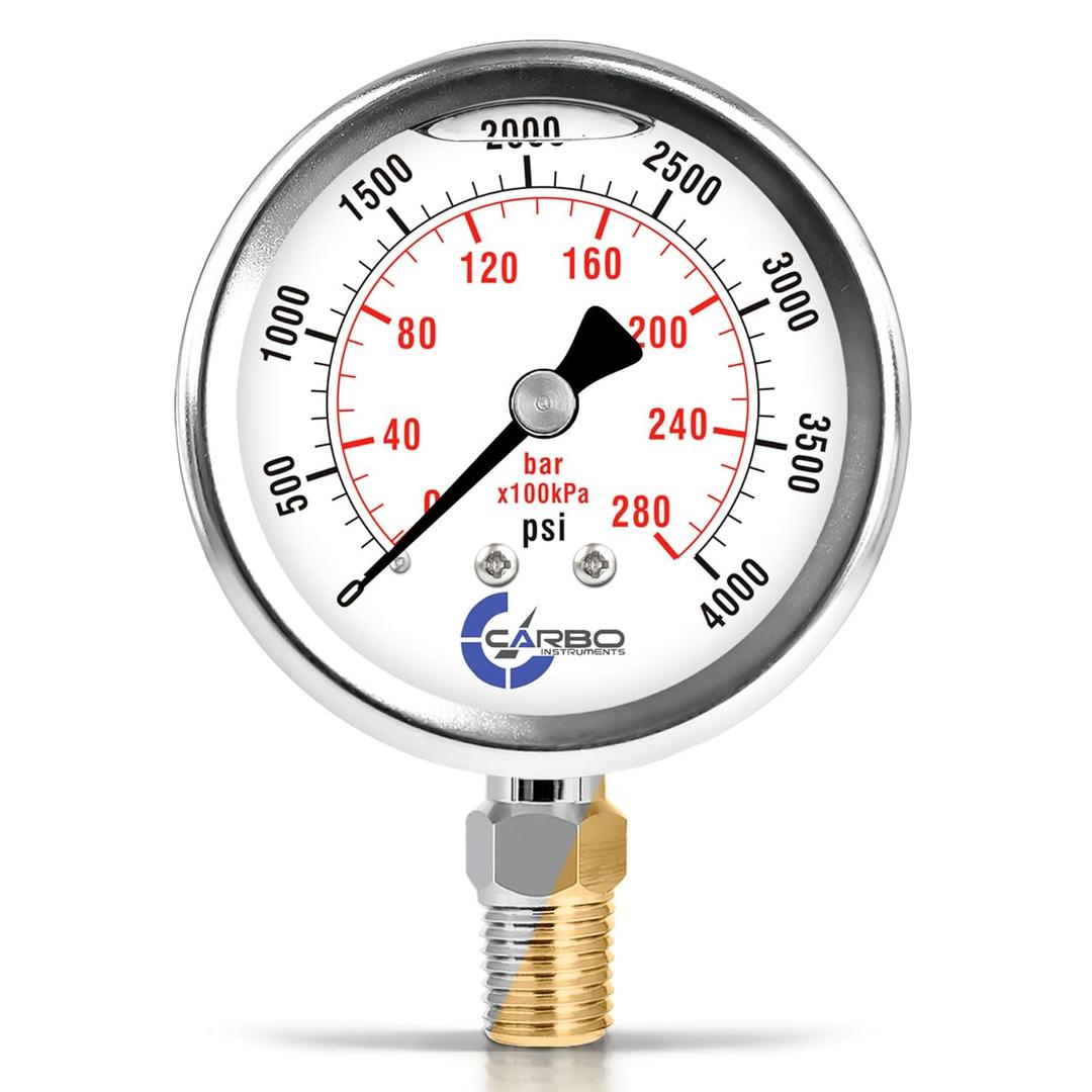 Stainless Steel Pressure Gauge Dual Display (0-4000 psi/kPa) - 2 1-2" Glycerine Liquid Filled Water Air Oil Gas Gauge with Polycarbonate Lens & Brass Connection- 1/4" NPT Lower Mount Stainless Steel Pressure Gauge Dual Display (0-4000 psi/kPa) - 2 1-2" Glycerine Liquid Filled Water Air Oil Gas Gauge with Polycarbonate Lens & Brass Connection- 1/4" NPT Lower Mount