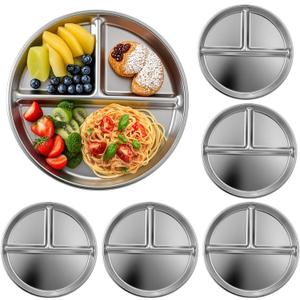 A set of 6 reusable 9-inch 304 stainless steel kids' plates, suitable for children to serve rice, noodles, ice cream and more.
