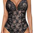 Popilush Lace Body Suits Women Tummy Control Shapewear Bodysuit Deep V Neck Backless Corset Tops Thong Body Shaper (X-Large, Black)