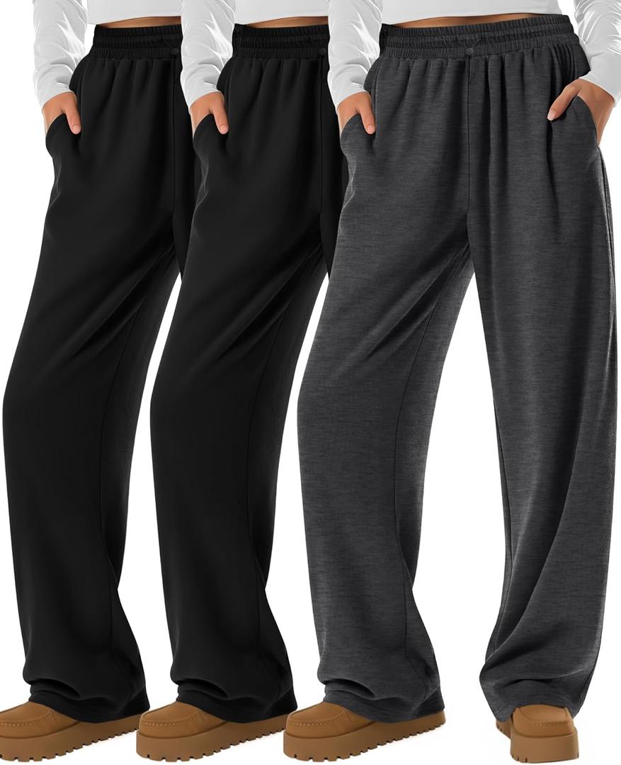 Neer 3 Pack Womens Wide Leg Sweatpants Elastic High Waisted Baggy Long Pant Casual Lounge Yoga Drawstring Jogger with Pockets (X-Large, Black, Black, Dark Mixed Gray)