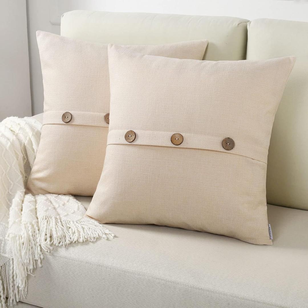 FUTEI Beige Linen Decorative Throw Pillow Covers 26x26 Inch Set of 2, Square Euro Shams Cushion Case with Vintage Button/Zipper,Modern Farmhouse Home Decor for Couch,Bed