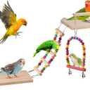 5in1 Bird Parakeet Toys, Detachable Birdie Perches Platform Swing with Climbing Ladder, Parrot Cage Stand Accessories, Wooden Playing Gyms for Conure, Cockatiel, Lovebird Finch, Budgerigar Pigeon