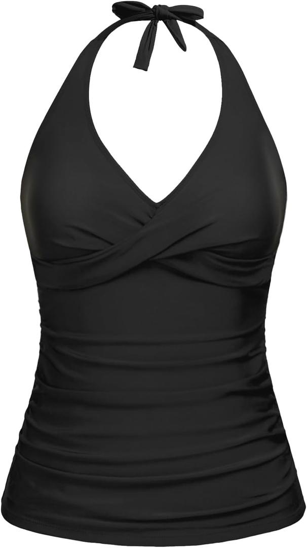 Tempt Me Womens Tankini Top Halter Tummy Control Swim Tops Only Twist Front V Neck Bathing Suit No Bottom (Black, S)