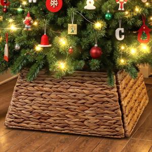 Lanpn Natural Rattan Christmas Tree Collar 17 inch, Decorative Wicker Woven Tree Skirt Basket Stand Base Cover Rustic Farmhouse for Small mini Pencil Silm Artificial Trees Xmas Decor (Oringinal) (Original)