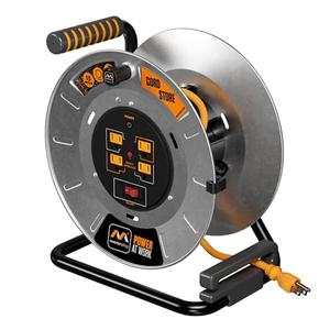 Masterplug 1ft Cord Reel, Metal Cable Drum, Retractable Extension Lead with Winding Handle, Safety Overload Circuit Breaker and Power Switch, 4x Grounded Outlets, 15amps, 12AWG Cable