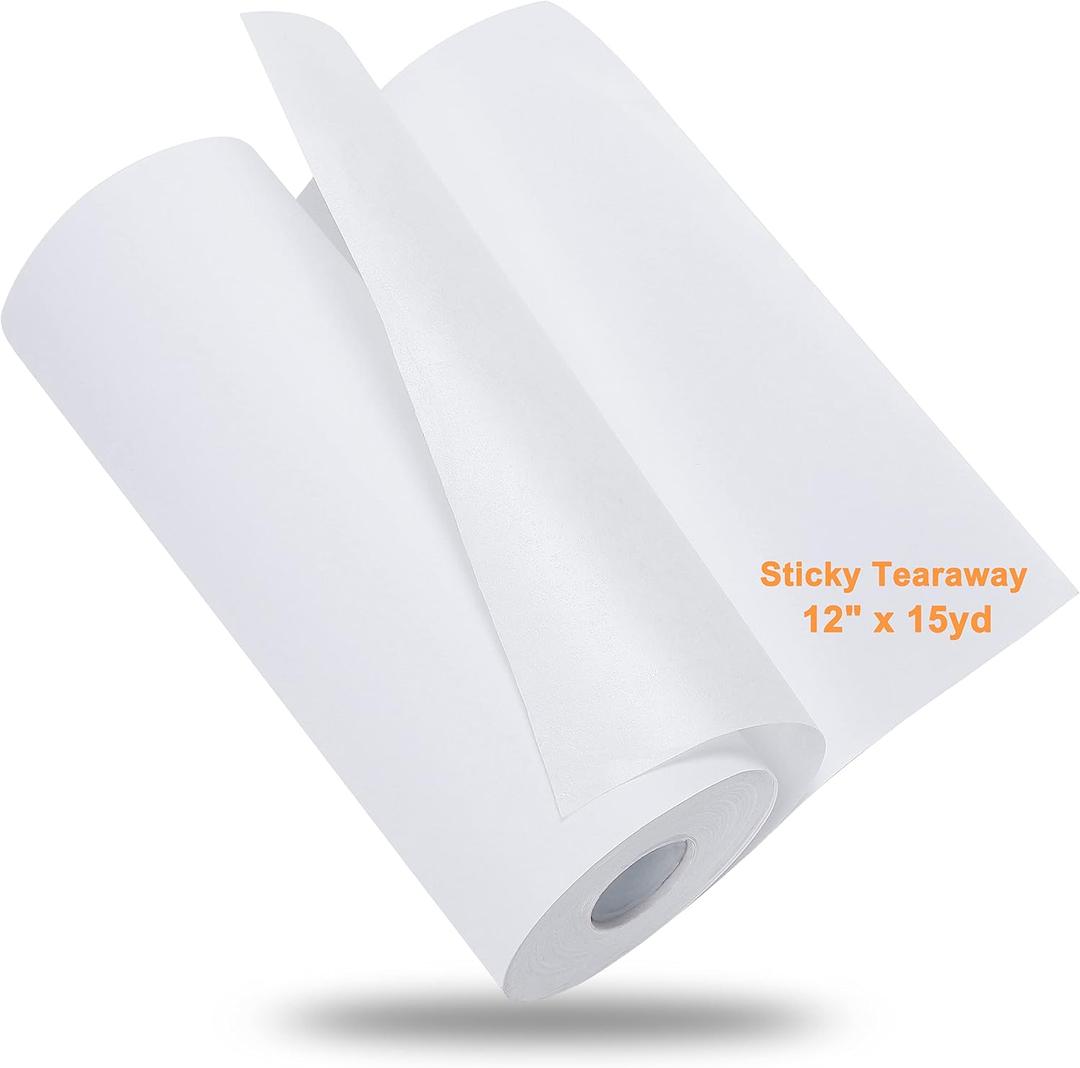New brothread Sticky Self-Adhesive Tear Away Embroidery Stabilizer Backing 12" x 15 Yd roll - Medium Weight for Napped Fabric & Hoop Less Embroidery