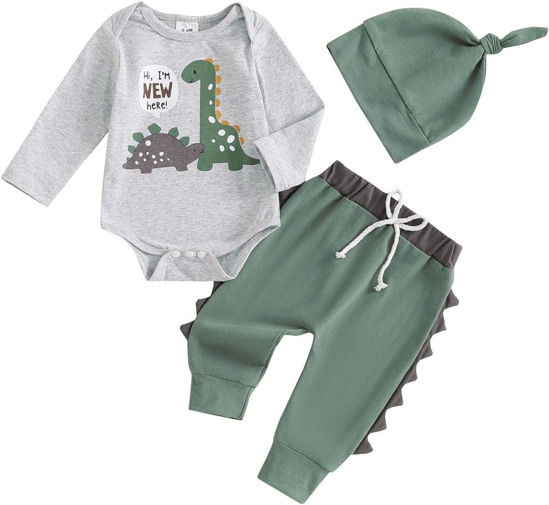 Newborn Infant Baby Boy Outfit Little Brother Romper Infant Letter Print Dinosaur Clothes Drawstring Pants Hat (Gray-Dinosaur, 3-6 Months)