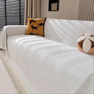 Chenille Couch Cover for Sofa Non Slip Cover Washable Pet Scratch Couch Covers Tassel Sofa Slipcover for 3 Cushion Couch Furniture Protector Blanket for Living Room,Off White 91"x134"