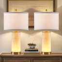 Natural Marble Bedside Table Lamp Set of 2 with Night Light Nightstand Lamps with White Linen Shade for Living Room Bedroom Hotel（Bulbs Included）