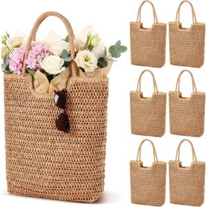 Sanwuta 6 Pack Straw Beach Bags for Women Crochet Tote Bags Bridesmaids Boho Large Woven Tote Bag for Vacation Holiday Summer