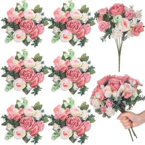 6 Pcs Artificial Peony Silk Florals Fake Mix Silk Peony Rose Faux Flower Hydrangea Bouquet Elegant Realistic Wedding Floral Centerpiece for Home Party Table Arrangement (Light Pink)