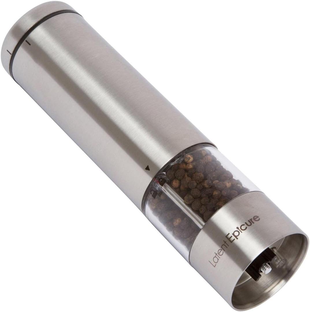 Latent Epicure Electric Salt and Pepper Grinder (SINGLE) - Rechargeable USB-C - Stainless Steel Salt, Pepper or Spice Mill with LED Light - One Handed Operation - Adjustable Ceramic Grinders