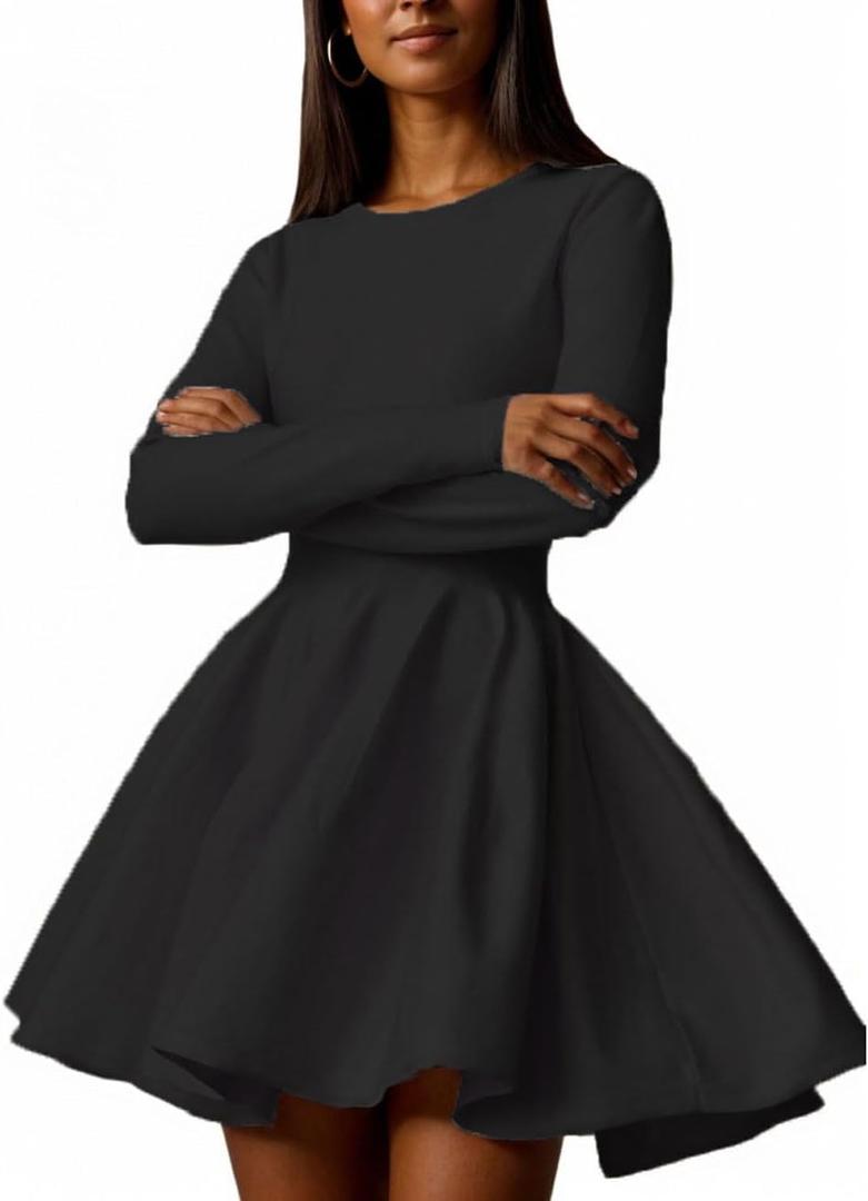 CHARTOU Women Basic Sweater Dress Long Sleeve Pleated Flared Knitted Short Dresses (Large, Black)