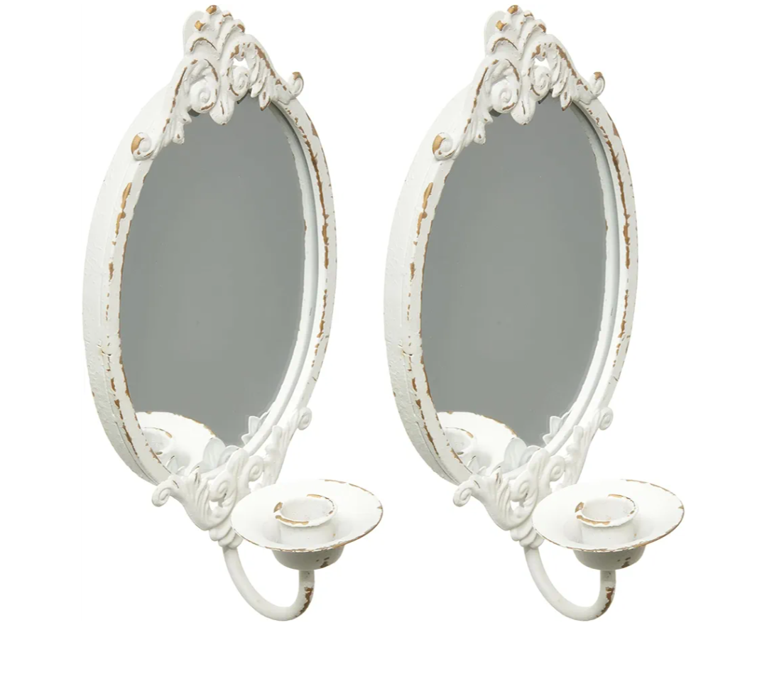 SOFE Rustic White Mirrored Wall Candle Sconces Set of Two, Metal Vintage Wall Candle Holder, Handmade Taper Candle Sconce, Candle Stick Walls Sconce for Living Room, Farm House Home Decor