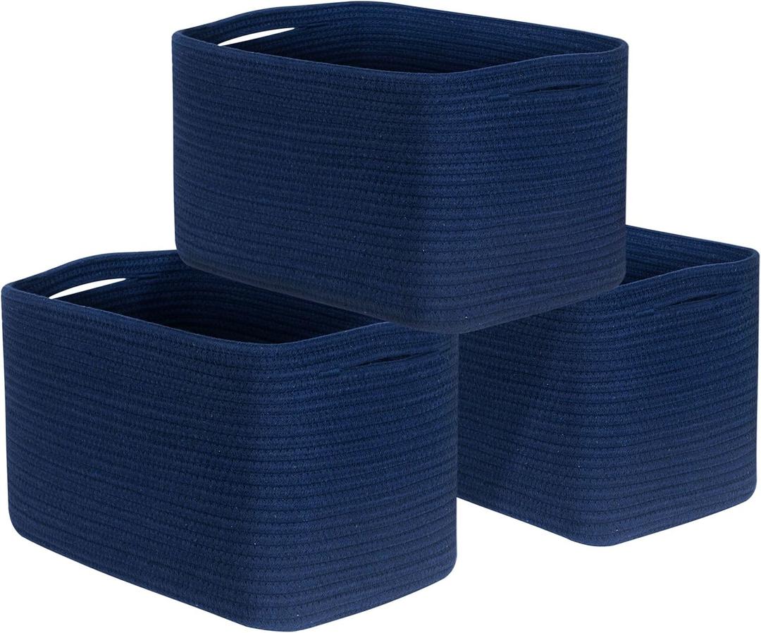 MINTWOOD Design 3-Pack Decorative Woven Storage Baskets for Shelves, Cube Bin Box for Organizing Books, Shoes, Dog Toys, Pantry Closet and Living Room Organizer, Navy Blue