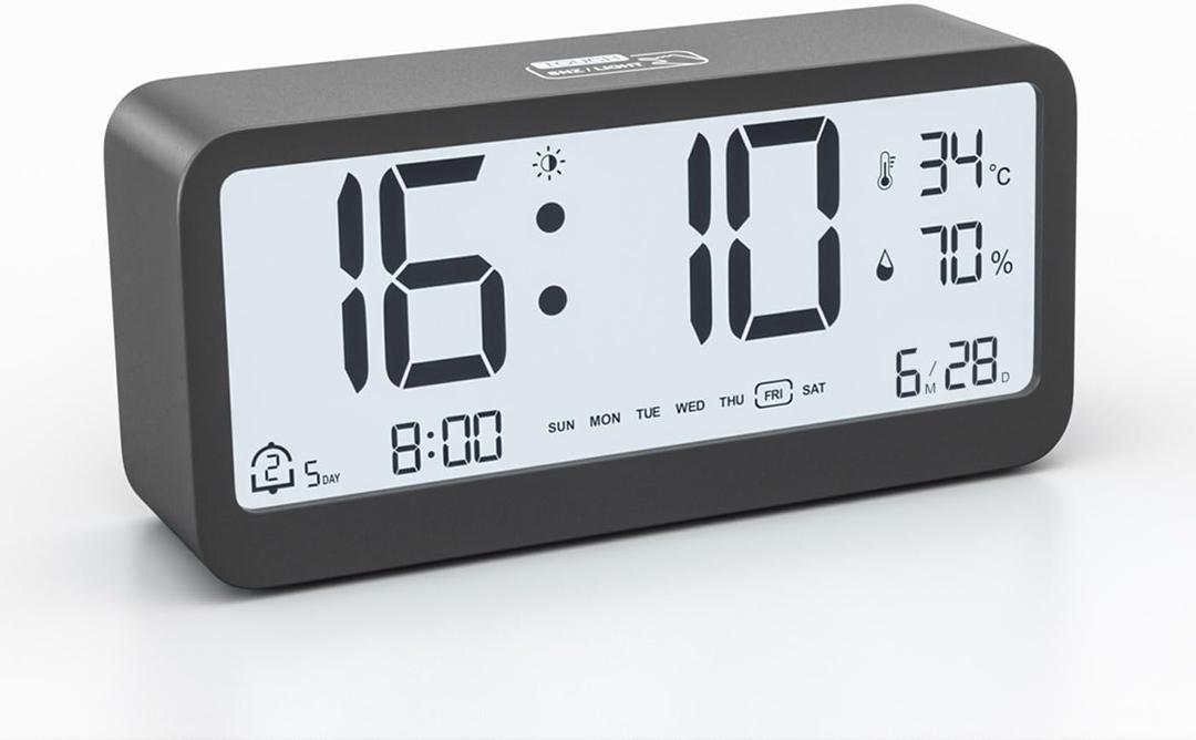 Digital Alarm Clock Battery Powered with Date | Indoor Temperature | Humidity | LCD Display | Dual Alarms | Snooze and Backlight Desk Small Clock (Black)