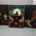 Spooky Halloween Ghost Lighted Pumpkin Framed Canvas Wall Art Set,Gothic Inspired Cute Black Cat Witch Hat Wall Decor,Vintage Foggy Forest Castle Artwork for Living Room, Bedroom-16 x24 x1