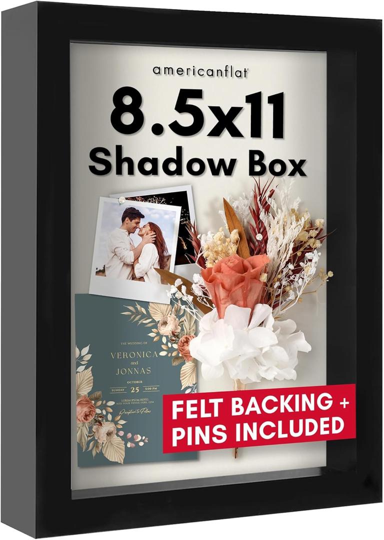 Americanflat 8.5x11 Shadow Box Frame with Shatter-Resistant Glass - Silhouette Collection - Large Shadow Box Display Case for Tabletop and Wall Display - Black with Soft Felt Back