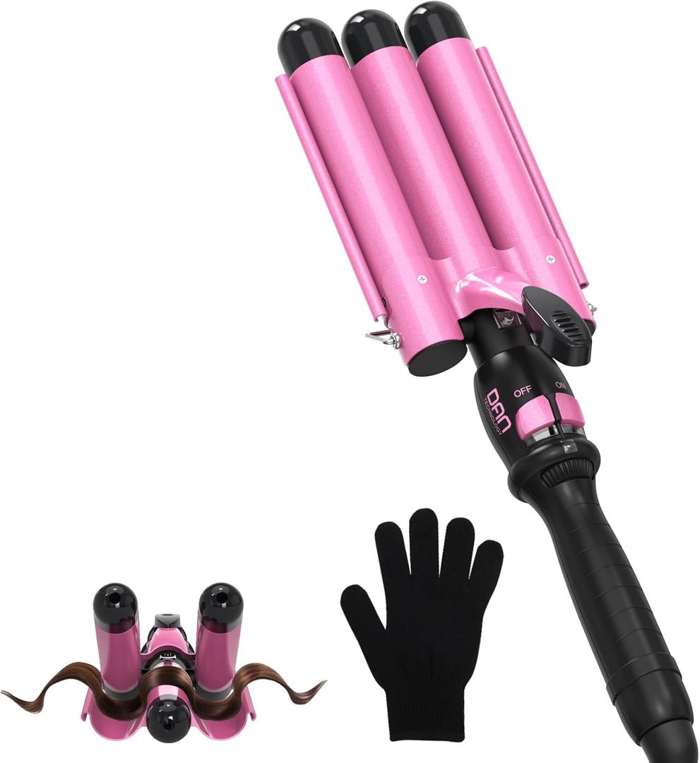 Three Barrel Curling Iron 1 Inch, 7 Heat Settings 180-430F, Ceramic Triple Hair Waver for Beach Waves, Dual Voltage 110-240V, Auto Shut-Off, Glove Included, Pink