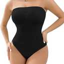 SheBuddy Women's Strapless Shapewear Thong Bodysuit Tummy Control Seamless Sculpted Body Shaper with Removable Straps, Small
