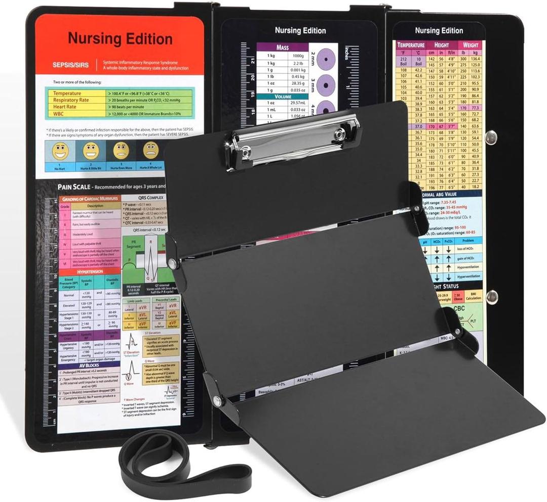 Foldable Aluminum Nursing Clipboard with Cheat Sheets - Black (Letter Size, 30 Sheet Capacity)
