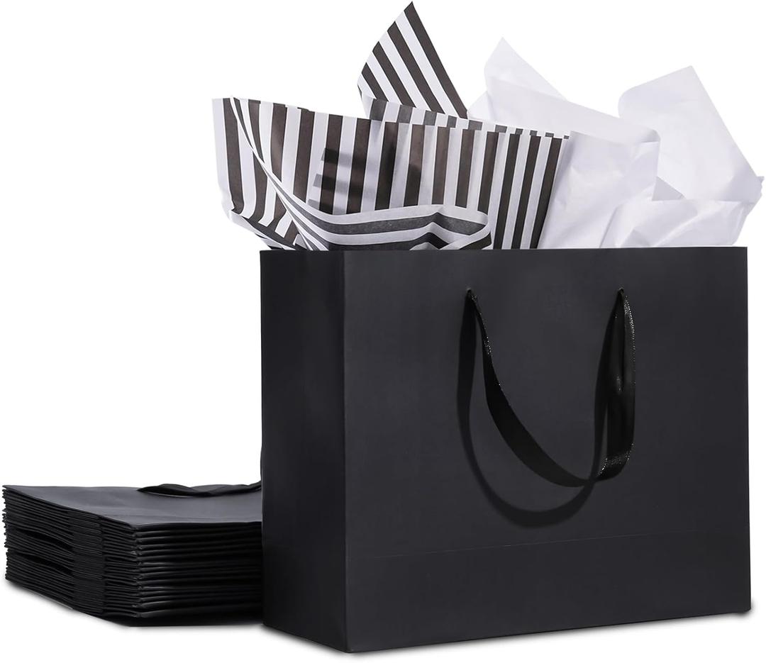 Plauthus 12 Pack Black Gift Bags with Ribbon Handles, Medium Size with Tissue Paper, Black Paper Bags for Shopping, Small Business, Bridal Party, Wedding, Christmas and Holiday (10.6' x3.1' x8.3')