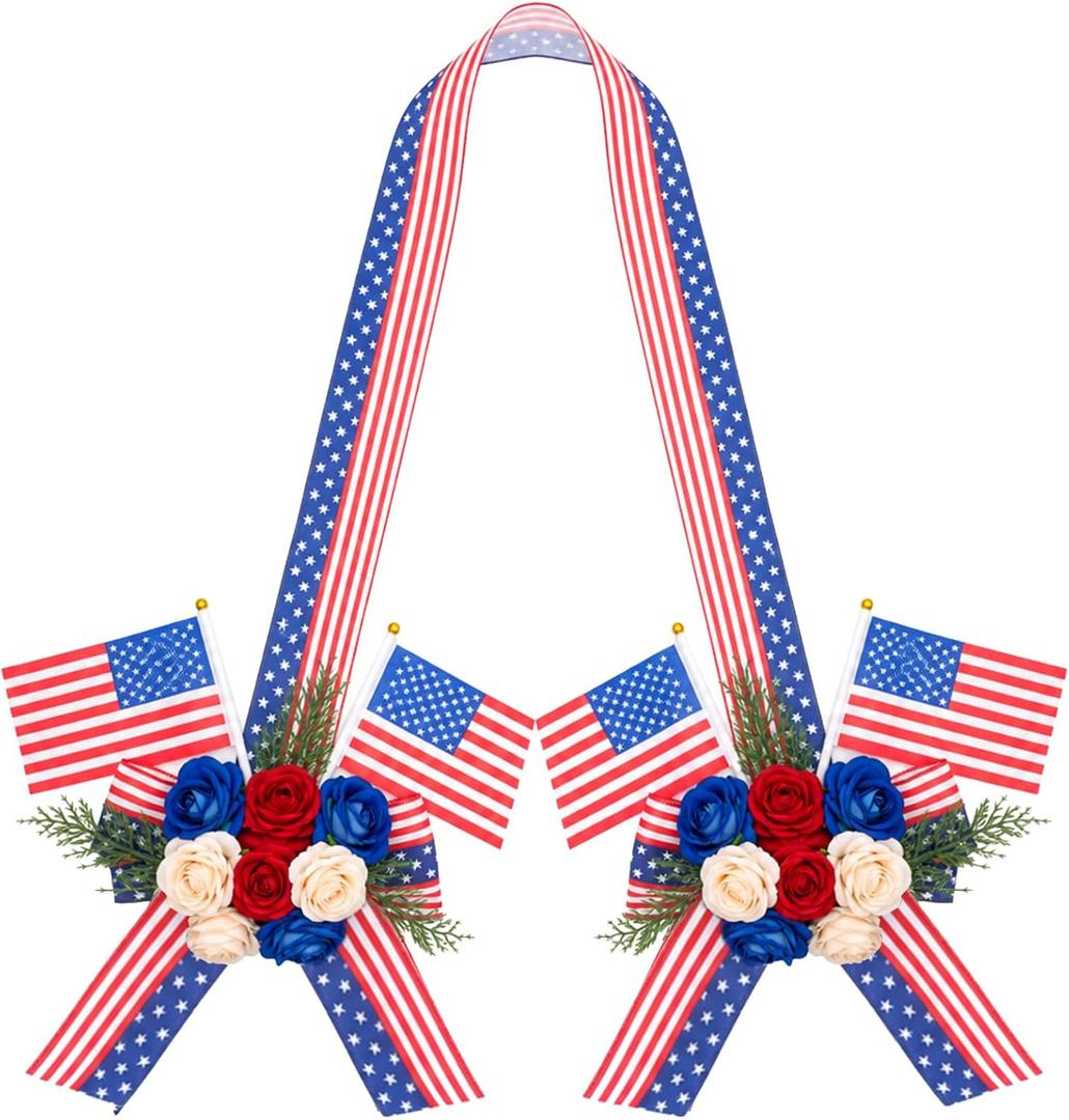 71" Patriotic Wreath Bow with Artificial Roses Double-Sided Red White and Blue American Flag Ribbon Swag for 250th Anniversary 4th of July Independence Day Front Door Decorations