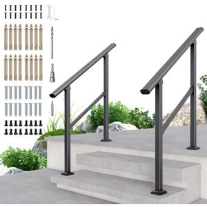 DIYHD 3 Step Handrail for Outdoor,Powder Coated Iron Stair Railing,Black Hand Rails for Indoor, Porch,Deck,2 Pack