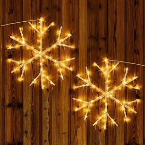Fudios Snowflake Lights Warm White Battery Operated with Timer 70 LED 14in for Christmas Wall Window Decoration 2sets